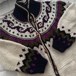 100% Wool Vintage Cozy Multicolor Patterned Sweater Jacket